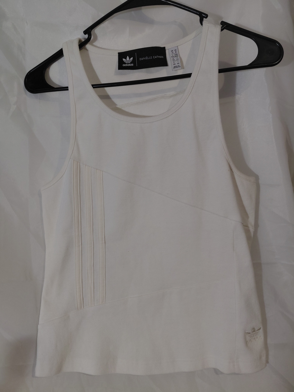 adidas White Ribbed Athletic Tank with Diagonal Paneling